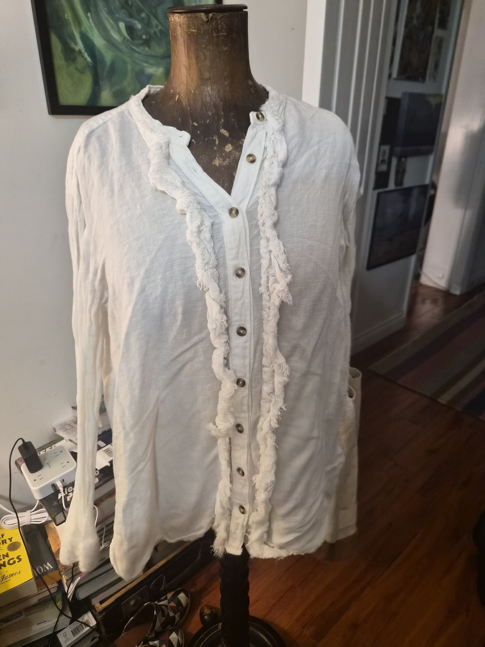 Pilcro Ivory Ruffle-Trim Button Down Blouse